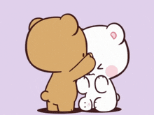 a cartoon bear with a bandage on its nose is kissing a white bear