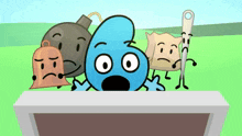 a group of cartoon characters are standing around a table with a surprised face on their faces .