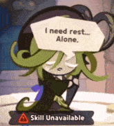 a cartoon character with a speech bubble that says i need rest alone