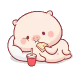a cartoon pig is laying on a pillow eating a slice of pizza and drinking a soda .