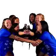 a group of women wearing blue shirts with the number 999 on the back