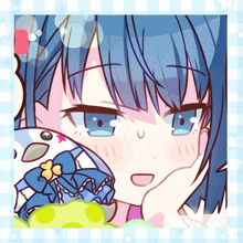 a cartoon of a girl with blue hair and a blue bow