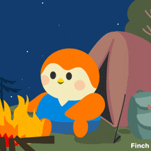 an illustration of a bird sitting around a campfire with finch written below it