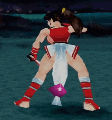 a woman in a red top and white skirt is holding a sword in a video game
