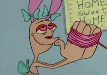 a cartoon character with a sign that says home sweet home on it