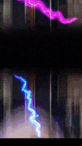 a purple and blue lightning bolt strikes a dark background