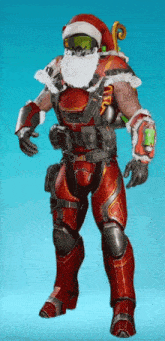 a man in a santa suit is standing in front of a blue sky