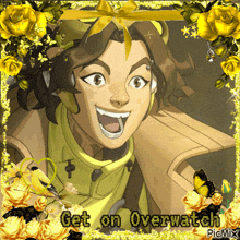 a picture of a cartoon character with the words get on overwatch