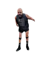 a bald man with a beard is wearing shorts and a tank top that says american flag