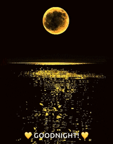 a full moon over the ocean with the words goodnight written below it