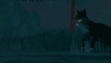 a cartoon drawing of a cat and a monster with red eyes
