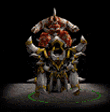 a statue of a monster with horns and a shield is sitting on top of a cart .