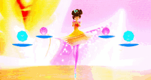 a cartoon ballerina in a yellow dress is dancing on a yellow stage