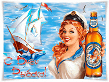 a woman in a sailor outfit is holding a bottle of fishanka coha beer