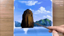 a painting of a rock in the middle of a body of water is being made by animatica