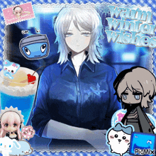 a picture of a girl with the words warm winter wishes written on it