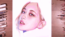 a drawing of a woman 's face is surrounded by pencils