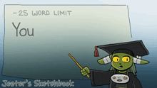 a drawing of a goblin holding a wand and pointing at a sign that says you