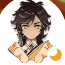 a cartoon character with black hair and green eyes has his feet up