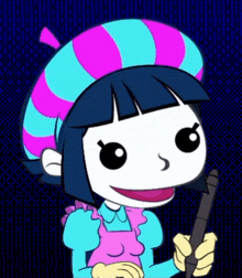 a cartoon character is holding a pen and wearing a striped hat