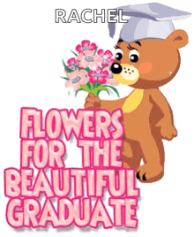 a teddy bear wearing a graduation cap is holding a bouquet of pink flowers