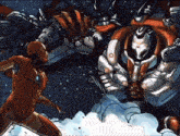 a cartoon of a man fighting a robot with the word iron man on his chest