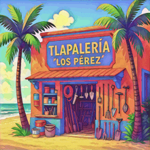 a cartoon illustration of tlapaleria los perez on the beach