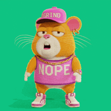 a cartoon hamster wearing a pink shirt that says nope