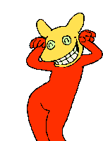 a cartoon character with a yellow face and red body