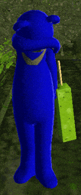 a blue teddy bear is holding a green object in a video game