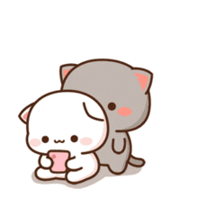 a cartoon cat is hugging a smaller cat with a heart in the background .