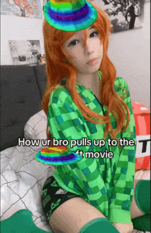 a girl wearing a green shirt and knee high socks says how ur bro pulls up to the t movie