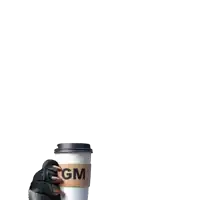 a monkey is holding a coffee cup that says gm