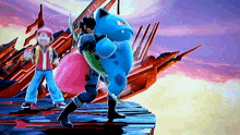 a video game character is holding a blue pokemon while standing next to another character .