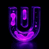 a glowing letter u with purple liquid inside