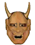 a close up of a devil mask with horns on a white background