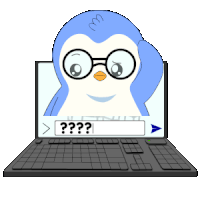 a penguin wearing glasses is looking at a laptop screen with a question mark
