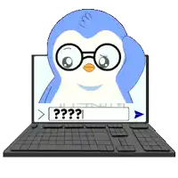 a penguin wearing glasses is looking at a laptop screen with a question mark