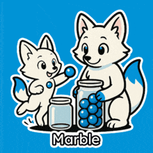 a cartoon illustration of two foxes holding jars of blue marbles