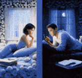 a man and a woman are sitting next to each other looking at their cell phones