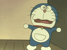 a cartoon character named doraemon is standing in a room with his mouth open