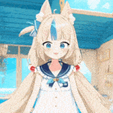 a anime girl with blonde hair and blue eyes is wearing a sailor outfit .