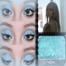 a picture of a woman 's eyes and a picture of a tropical