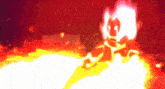 a cartoon character is surrounded by flames with a red background