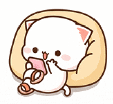 a cartoon cat is sitting on a pillow holding a cell phone in its mouth .