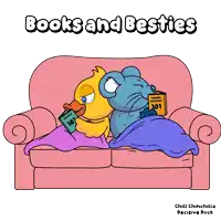 a cartoon of a duck and a mouse reading books titled books and besties