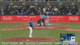 a screen shot of a stadium with the words " your team let junior caminero take you deeper " at the bottom