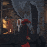 a man wearing a mask and a red cowboy hat stands in a room