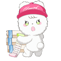 a cartoon character is wearing a pink hat that says rinoo 2nd on it