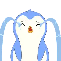a penguin with tears coming out of it 's eyes